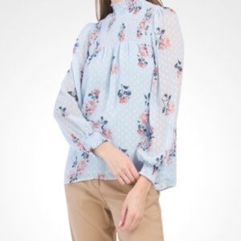 Maison d’Amelie Floral Smocked Swiss Dot High Neck Puff Sleeve Blouse Blue Sz XS - Picture 3 of 9